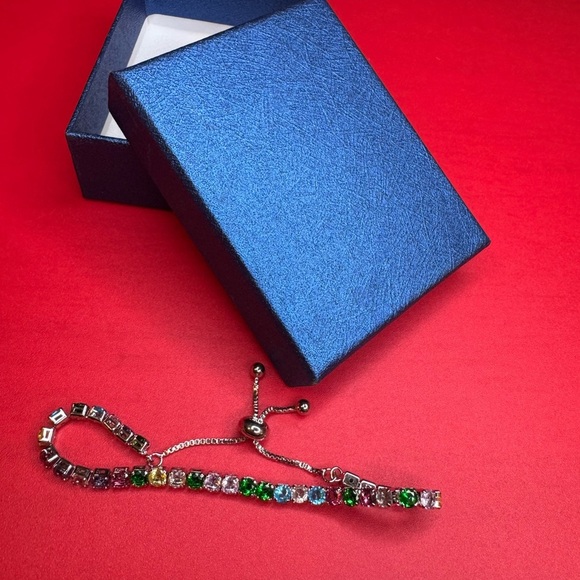 Simulated Multi Color Diamond Tennis Bracelet w/ Bolo Slider in Silvertone 6-9” - Picture 3 of 4